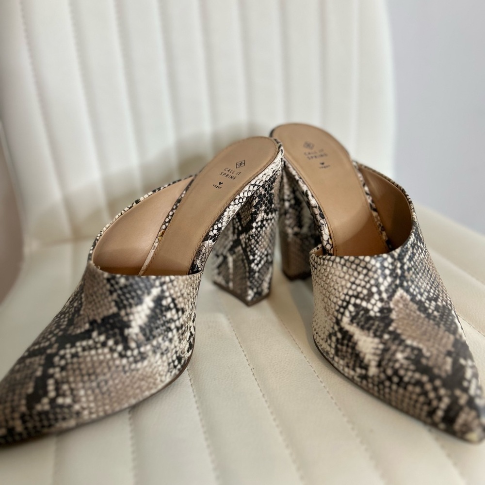 Call It Spring Snakeskin Print Mules heels